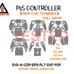 May include: A digital template for a PS5 controller skin, featuring various cut patterns for full wrap application. The design includes the text "PS5 CONTROLLER" and "FULL WRAP". Compatible with PS5, PS5 slim, and PS5 Pro controllers.