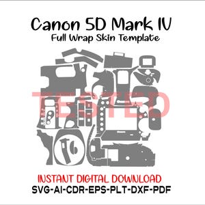 Puede incluir: Una plantilla digital para una piel de cámara Canon 5D Mark IV, con un diseño abstracto gris. El texto "Canon 5D Mark IV Full Wrap Skin Template" está en la parte superior, con "INSTANT DIGITAL DOWNLOAD" y opciones de tipo de archivo en la parte inferior.