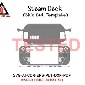 May include: A gray skin cut template for a Steam Deck, with the text "Steam Deck (Skin Cut Template)". The image includes the Ultra Cut File logo and the words "SVG-AI-CDR-EPS-PLT-DXF-PDF INSTANT DIGITAL DOWNLOAD".