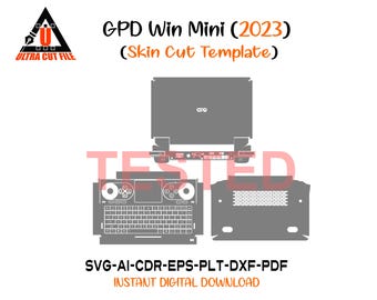May include: A digital illustration of a GPD Win Mini (2023) skin cut template. The design includes outlines for the top, bottom, and keyboard sections of the device. The text "ULTRA CUT FILE" and "INSTANT DIGITAL DOWNLOAD" are also visible.