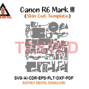 Puede incluir: Una plantilla digital para un corte de piel de cámara Canon R6 Mark III, con una compleja disposición de formas grises. La imagen incluye el texto "Canon R6 Mark III (Skin Cut Template)" y opciones de formato de archivo.