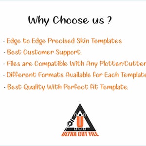 以下が含まれることがあります： 白い背景に黒い筆記体で「Why Choose us?」と書かれています。「Edge to Edge Precised Skin Templates」や「Best Customer Support」などの機能が箇条書きで表示されています。Ultra Cut Fileのロゴが一番下にあります。