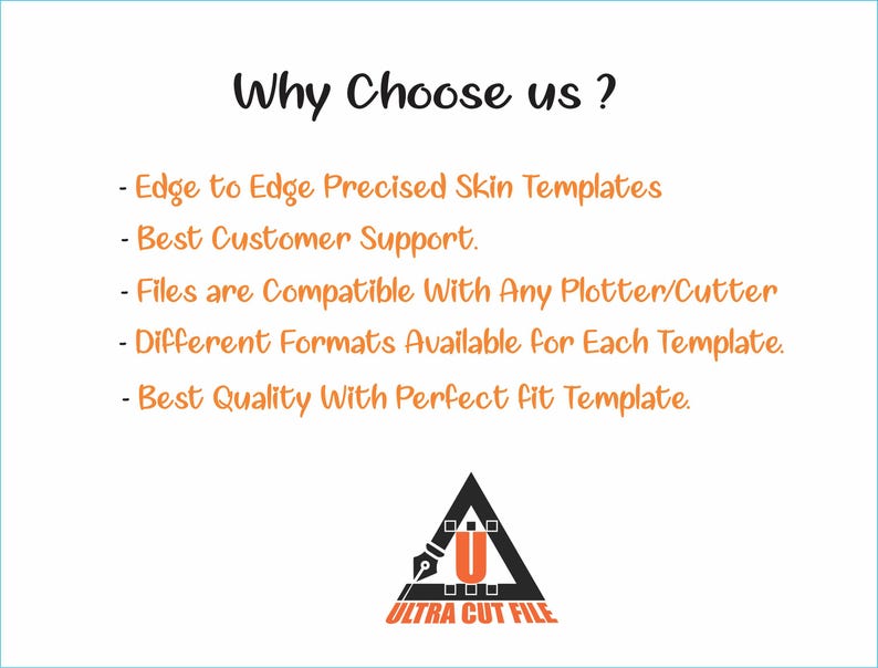 以下が含まれることがあります： 白い背景に黒い筆記体で「Why Choose us?」と書かれています。「Edge to Edge Precised Skin Templates」や「Best Customer Support」などの機能が箇条書きで表示されています。Ultra Cut Fileのロゴが一番下にあります。