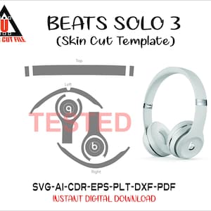 May include: White Beats Solo 3 headphones with a skin cut template, including top, left, and right sections. The image also features the text "BEATS SOLO 3 (Skin Cut Template)" and "ULTRA CUT FILE".
