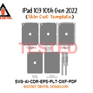以下が含まれることがあります： iPad 10.9 10th Gen 2022 用スキンカットのデジタルデザインテンプレート。グレーのiPadの輪郭が複数表示され、Appleのロゴ、フルラップバック、バックのみ、分割バージョンが含まれています。「ULTRA CUT FILE」と「INSTANT DIGITAL DOWNLOAD」の文字が含まれています。