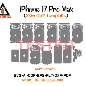 May include: A digital design for an iPhone 17 Pro Max skin cut template. The design includes various cutouts for the phone's components, in a gray color. The text "iPhone 17 Pro Max" and "Skin Cut Template" are visible. The design is available for instant digital download.