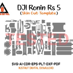 May include: A digital cut template for a DJI Ronin RS 5 skin, featuring various grey geometric shapes on a white background. The text reads DJI Ronin RS 5 (Skin Cut Template), ULTRA CUT FILE, TESTED, and SVG-AI-CDR-EPS-PLT-DXF-PDF.