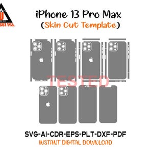 Może przedstawiać: Cyfrowy szablon do wycinania skóry iPhone'a 13 Pro Max, z szarymi wycięciami na elementy telefonu. Obraz zawiera tekst "iPhone 13 Pro Max (Skin Cut Template)" i "INSTANT DIGITAL DOWNLOAD".