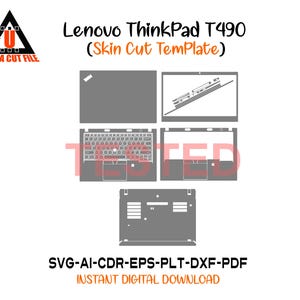 May include: A digital template for a Lenovo ThinkPad T490 skin cut file. The image shows the laptop's components, including the keyboard, screen, and bottom panel, in a gray color. Text includes "Lenovo ThinkPad T490 (Skin Cut Template)" and file type information.