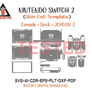Könnte beinhalten: Eine digitale Vorlage für Nintendo Switch 2 Skin-Zuschnitte, einschließlich Konsole, Dock und Joy-Con 2. Das Design ist in Grautönen gehalten und enthält den Text "NINTENDO SWITCH 2" und "Console + Dock + JOYCON 2". Formate: SVG, AI, CDR, EPS, PLT, DXF, PDF.