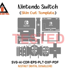 以下が含まれることがあります： グレーのNintendo Switchスキンカットテンプレート。コンソールとコントローラーのコンポーネントの輪郭が示されています。画像には「Nintendo Switch（Skin Cut Template）」と「ULTRA CUT FILE」の文字が含まれています。