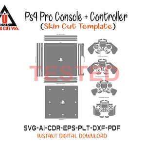 Puede incluir: Una plantilla digital para un corte de piel de consola y controlador PS4 Pro, con varios elementos de diseño. La imagen incluye el texto "Ps4 Pro Console + Controller (Skin Cut Template)" y "ULTRA CUT FILE".