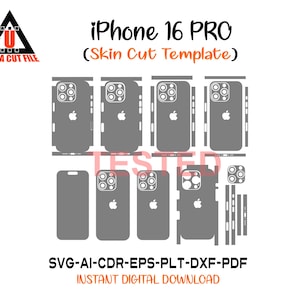 Puede incluir: Un diseño digital para una plantilla de corte de piel de iPhone 16 Pro. La imagen presenta contornos grises de componentes del teléfono, incluyendo la parte trasera, los lados y el módulo de la cámara. Incluye texto "iPhone 16 PRO".