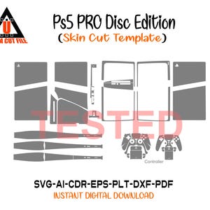 以下が含まれることがあります： PS5 PRO Disc Editionのスキンカット用のデジタルテンプレート。さまざまなグレーのパネルデザインとコントローラーの輪郭が特徴です。画像には「Ps5 PRO Disc Edition (Skin Cut Template)」と「ULTRA CUT FILE」の文字が含まれています。