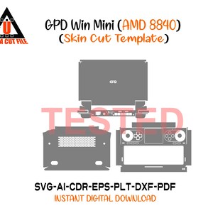 May include: A digital template for a GPD Win Mini (AMD 8840) skin cut, featuring outlines of the device's components in gray. The image includes the text "GPD Win Mini (AMD 8840) (Skin Cut Template)" and "ULTRA CUT FILE".