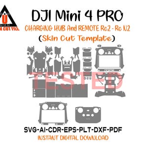 Puede incluir: Una plantilla digital para un dron DJI Mini 4 Pro, que incluye un concentrador de carga y un control remoto. El diseño es en gris y blanco, con el texto "DJI Mini 4 PRO" y "ULTRA CUT FILE". Formatos: SVG, AI, CDR, EPS, PLT, DXF y PDF.