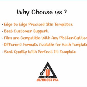 May include: White background with the text "Why Choose us?" and bullet points listing features like "Edge to Edge Precised Skin Templates" and "Best Customer Support." A black and orange logo for "ULTRA CUT FILE" is at the bottom.