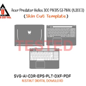 May include: A digital illustration of an Acer Predator Helios 300 laptop skin cut template. The image shows top, keyboard, and bottom views of the laptop in gray. Text includes the model number and file type information.