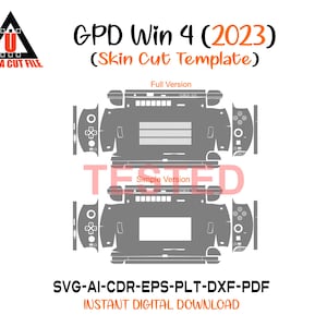 Op de afbeelding: Een digitale afbeelding van een GPD Win 4 (2023) skin cut template. Het ontwerp bevat volledige en eenvoudige versies van de sjabloon, met de tekst "GETEST" eroverheen. De afbeelding bevat ook informatie over het bestandsformaat en de zin "DIRECTE DIGITALE DOWNLOAD".