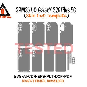 Könnte beinhalten: Eine digitale Vorlage für eine Samsung Galaxy S26 Plus 5G Handy-Skin, mit verschiedenen Schnittmustern in Grau. Das Bild enthält den Text "SAMSUNG Galaxy S26 Plus 5G (Skin Cut Template)" und Dateitypinformationen.