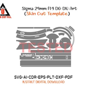 Peut inclure: Un modèle numérique pour une découpe de peau d'objectif Sigma 24mm f1.4 DG DN Art, avec diverses formes découpées de couleur grise. Le design comprend le texte "Sigma 24mm f1.4 DG DN Art (Skin Cut Template)" et "ULTRA CUT FILE". Formats de fichiers : SVG, AI, CDR, EPS, PLT, DXF et PDF.