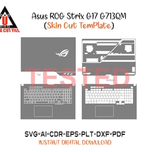 Puede incluir: Una plantilla digital para una piel de portátil Asus ROG Strix G17 G713QM, con diseños superior, inferior y de teclado. El diseño es en gris y blanco, con el logotipo ROG visible. Incluye formatos de archivo SVG, AI, CDR, EPS, PLT, DXF y PDF.