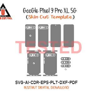 May include: A digital design for a Google Pixel 9 Pro XL 5G skin cut template. The image features various gray phone outlines, including the back, sides, and camera details. Text includes "Google Pixel 9 Pro XL 5G" and "Instant Digital Download."