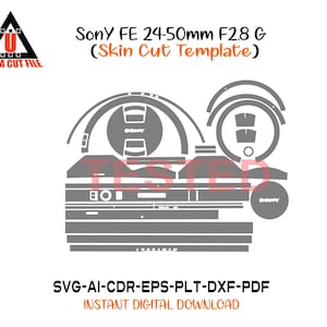 Peut inclure: Un modèle numérique pour une découpe de peau d'objectif Sony FE 24-50mm F2.8 G, avec un design gris détaillé. L'image comprend le texte "Sony FE 24-50mm F2.8 G (Skin Cut Template)" et "ULTRA CUT FILE".