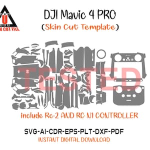 May include: A digital template for a DJI Mavic 4 PRO drone skin, featuring various cut patterns in gray. The design includes templates for the RC-2 and RC N1 controllers. The text "ULTRA CUT FILE" and "INSTANT DIGITAL DOWNLOAD" are also visible.