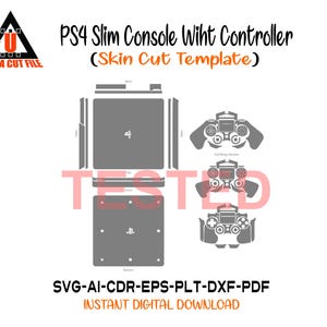 Może przedstawiać: Cyfrowy szablon do wycięcia skórki konsoli i kontrolera PS4 Slim. Projekt zawiera kontury konsoli i kontrolera, z tekstem "PS4 Slim Console Wiht Controller (Skin Cut Template)" i "ULTRA CUT FILE".