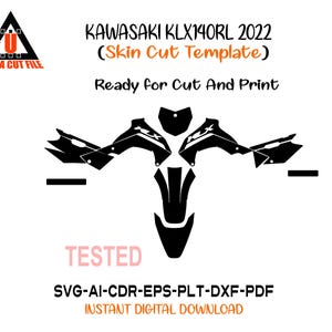 Puede incluir: Diseño de plantilla de corte de piel negro Kawasaki KLX140RL 2022, listo para cortar e imprimir. El diseño incluye varias piezas de motocicleta, con la palabra "TESTED" en rosa. La imagen también incluye el texto "ULTRA CUT FILE" y formatos de archivo.