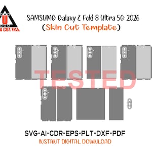 以下が含まれることがあります： Samsung Galaxy Z Fold 8 Ultra 5G 2026用のデジタルスキンカットテンプレート。デバイスパネルとカメラモジュールの様々なグレーの輪郭レイアウトが表示されています。テキストには「SAMSUMG Galaxy Z Fold 8 Ultra 5G 2026 Skin Cut Template」および「SVG-AI-CDR-EPS-PLT-DXF-PDF」と記載されています。