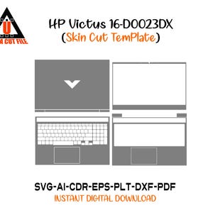 Puede incluir: Una plantilla digital para una skin de portátil HP Victus 16-D0023DX, con vistas superior e inferior, contornos de teclado y panel táctil. El diseño es en gris y blanco, con el texto "HP Victus 16-D0023DX (Skin Cut Template)" y "ULTRA CUT FILE".
