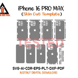 Può includere: Un modello digitale per un taglio di skin per iPhone 16 Pro Max, con vari contorni grigi dei componenti del telefono. Il design include il logo Apple e il testo: "iPhone 16 Pro Max (Skin Cut Template)". I formati di file sono SVG, AI, CDR, EPS, PLT, DXF e PDF.