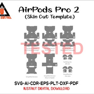 以下が含まれることがあります： 白い背景に、AirPods Pro 2 スキンカットテンプレートのグラフィックが表示されています。画像には、「Full Wrap Version」や「Simplified Version」などのテキストでラベル付けされた、さまざまな灰色の切り抜きデザインが含まれています。Ultra Cut Fileのロゴは左上にあります。