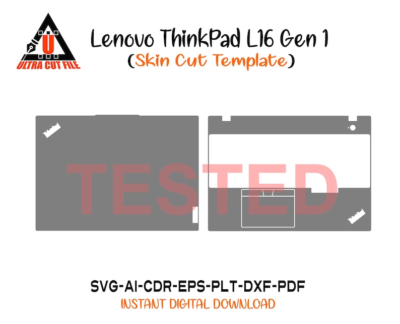 May include: A gray skin cut template for a Lenovo ThinkPad L16 Gen 1 laptop. The image shows the top and bottom views of the laptop with cut lines. Text includes "Lenovo ThinkPad L16 Gen 1 (Skin Cut Template)" and "ULTRA CUT FILE".