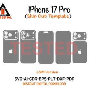 May include: A digital design for an iPhone 17 Pro skin cut template. The design includes outlines for the phone's back, camera, and sides, with an Apple logo. Text includes "iPhone 17 Pro", "Skin Cut Template", and file type information.