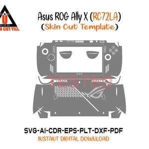 May include: A gray skin cut template for the Asus ROG Ally X (RC72LA) gaming device. The template includes the device's outline, screen, buttons, and vents. The text "Asus ROG Ally X (RC72LA) (Skin Cut Template)" is displayed at the top.