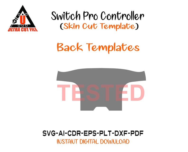 以下が含まれることがあります： Switch Proコントローラーのスキンカットテンプレートのデジタルデザイン。画像には、ピンク色の「TESTED」が重ねられた灰色のバックテンプレートが表示されます。「Switch Pro Controller」とファイルタイプ情報を含むテキスト。