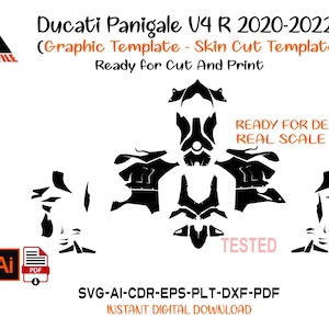 May include: A digital graphic template for a Ducati Panigale V4 R 2020-2022 motorcycle skin cut. The image displays black silhouette shapes of motorcycle fairing panels, text labels, and file format icons including SVG, AI, CDR, EPS, PLT, DXF, and PDF.