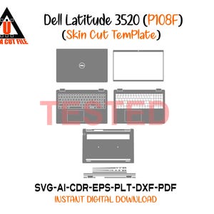 May include: A digital illustration of a Dell Latitude 3520 (P108F) laptop skin cut template. The image shows top, bottom, and keyboard views, along with the text "ULTRA CUT FILE" and "INSTANT DIGITAL DOWNLOAD". The file formats are SVG, AI, CDR, EPS, PLT, DXF, and PDF.
