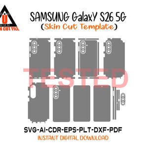 May include: A digital design for a Samsung Galaxy S26 5G skin cut template. The design includes multiple gray cutouts for the phone's various parts, along with the text "SAMSUNG Galaxy S26 5G (Skin Cut Template)" and file type information.