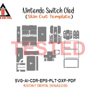 Könnte beinhalten: Eine digitale Vorlage für einen Nintendo Switch OLED Skin-Zuschnitt, die verschiedene Komponenten wie Konsole, Controller und Bildschirm zeigt. Das Design ist in Grau und Schwarz gehalten, mit dem Text "Nintendo Switch OLED (Skin Cut Template)" und "TESTED".