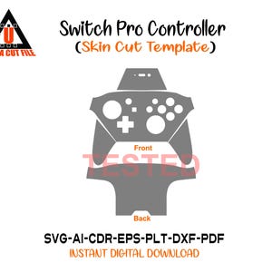 May include: A gray Switch Pro Controller skin cut template design. The image includes the front and back views of the controller, with button details. Text includes "Switch Pro Controller (Skin Cut Template)" and file type information.