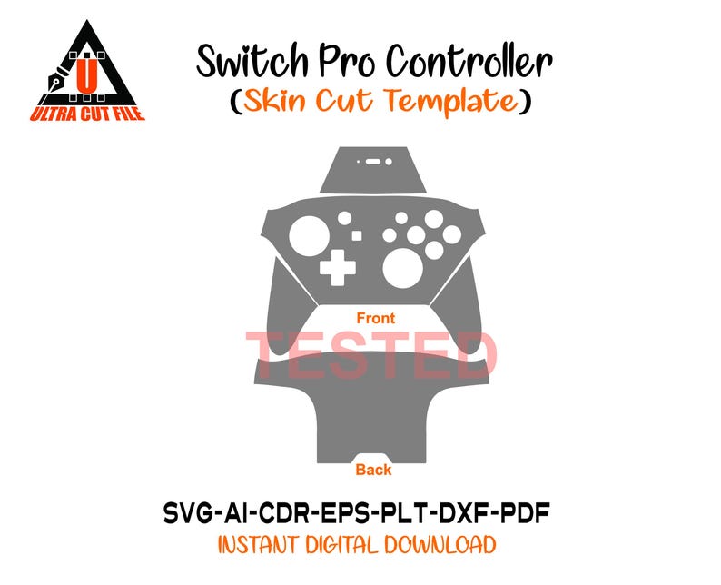 以下が含まれることがあります： グレーのSwitch Proコントローラーのスキンカットテンプレートデザイン。画像には、コントローラーの前面と背面図、ボタンの詳細が含まれています。「Switch Pro Controller (Skin Cut Template)」とファイルタイプ情報を含むテキスト。