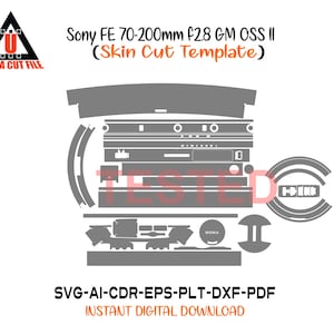Op de afbeelding: Een digitale sjabloon voor een Sony FE 70-200mm f/2.8 GM OSS II lens, met diverse uitgesneden vormen. Het ontwerp bevat de tekst "TESTED" en "HOKA", samen met bestandsformaatdetails: SVG-AI-CDR-EPS-PLT-DXF-PDF. Het Ultra Cut File-logo staat linksboven.