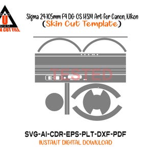 Peut inclure: Un modèle de conception numérique pour un objectif Sigma 24-105mm F4 DG OS HSM Art, compatible avec les appareils photo Canon et Nikon. Le design gris comprend diverses lignes et formes de coupe, avec le mot "TESTED" en rouge. Le logo "ULTRA CUT FILE" est également présent.