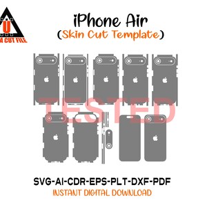 May include: A digital design template for an iPhone Air skin cut, featuring multiple gray phone outlines with the Apple logo. The design includes the text "iPhone Air (Skin Cut Template)" and file type information.