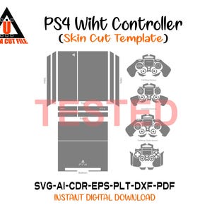 May include: A digital template for a PS4 controller skin cut, featuring a gray console outline and controller designs. The image includes the text "PS4 Wiht Controller (Skin Cut Template)" and file type information.