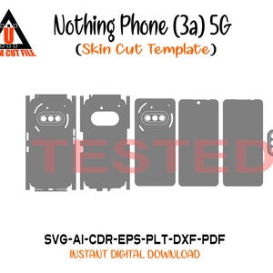 以下が含まれることがあります： Nothing Phone (3a) 5G スキンカット用のデジタルテンプレート。電話のコンポーネント用のさまざまな灰色の切り抜きが特徴です。画像には「Nothing Phone (3a) 5G」と「Skin Cut Template」の文字が含まれています。